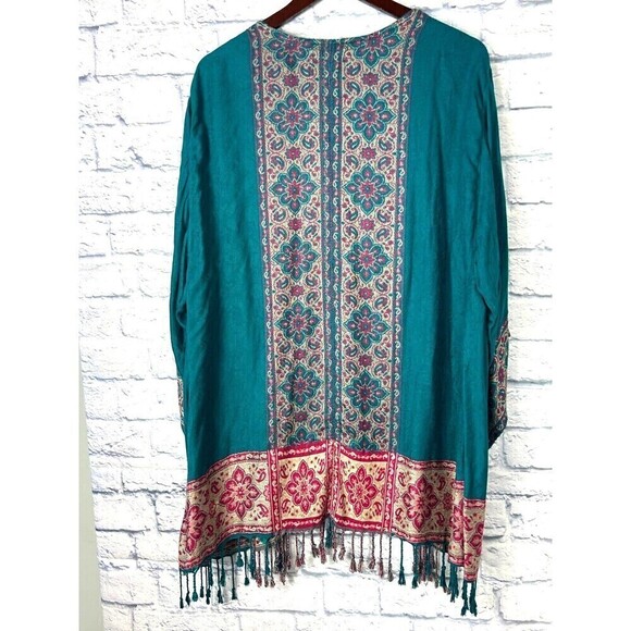 Time For Me Women Sz XL Turquoise Brocade Kimono Boho Print Cardigan Fringe T4 - Picture 3 of 12